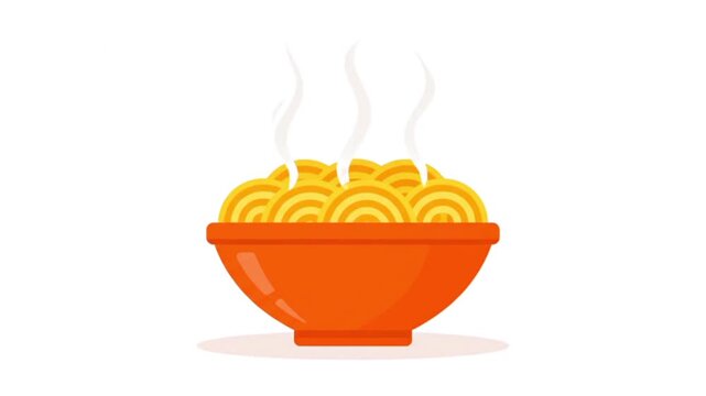 Steaming hot yellow noodles in a vibrant orange bowl. This vector illustration symbolizes a delicious, comforting, and quick meal concept, evoking warmth and appetite for food designs