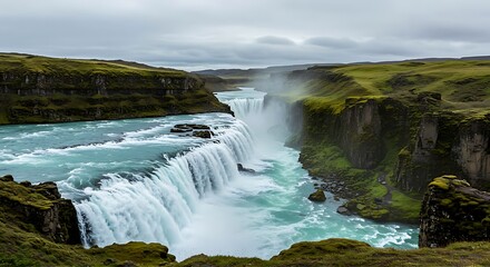 Fototapeta premium Large waterfall cascading down rocky cliff into blue river surrounded by green mossy hills rocks