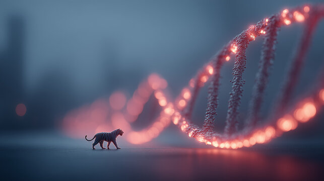 Scale A tiny Tiger looking up in awe at a monolithic Bio-Digital DNA Helix A futuristic