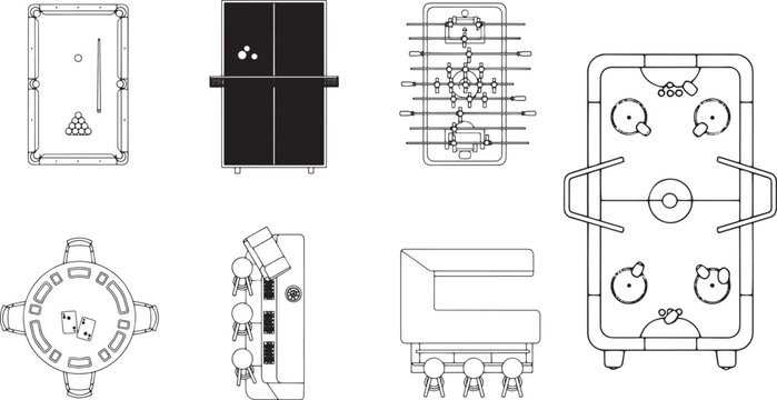 Elevated view of various game tables showcased in a clean, minimalist illustration, inviting viewers to explore the fun world.