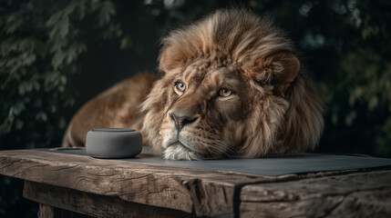 The Tech User A Lion posing with a serious human-like focus while operating a Wireless Charging