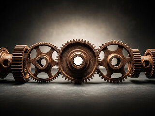 녹슨 톱니바퀴, 어두운 배경에서 빛나다 \