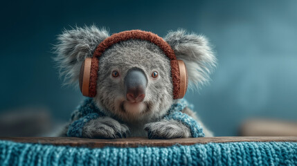 The Tech User A Koala posing with a serious human-like focus while operating a Noise Cancelling