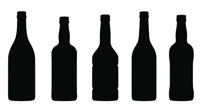 A row of black wine bottles displayed against a white background silhouette
