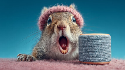 Gamer Vibe A Squirrel wearing a headset shouting excitedly at a Portable Bluetooth Speaker A