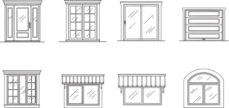 A collection of architectural elements showcased in this black and white line art, highlighting a variety of doors and windows, each with unique designs and aesthetics.