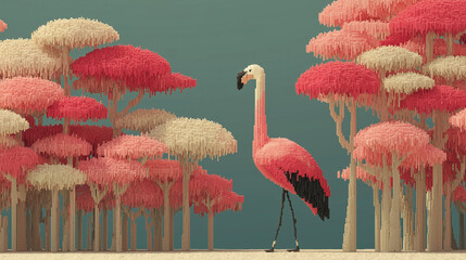 Glitch in Nature A Flamingo wandering through a fiber-optic forest next to a glitching Robot