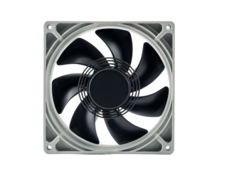 A cooling fan with black blades is shown against a plain backdrop. The device is designed to improve ventilation and temperature control.  Isolated Transparent Background, PNG