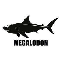 Silhouette of a great white shark with the word megalodon beneath it