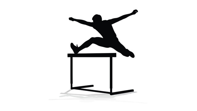 A silhouette of a person jumping over a hurdle with arms outstretched with athletics on white background