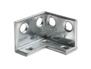 Close up of an L-shaped metal bracket with a collection of circular holes for mounting. The metal is silver, displaying some small blemishes Isolated Transparent Background, PNG