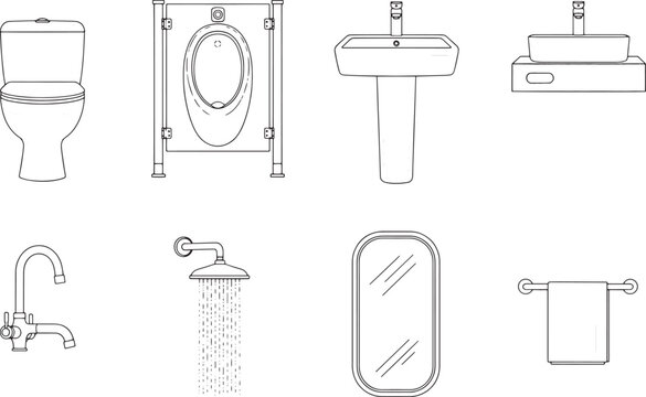 Clean and minimalist design presents a collection of essential bathroom fixtures. perfect for illustrating home improvement projects.