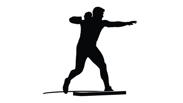 A black silhouette illustration of a male athlete competing in the shot put event on white background