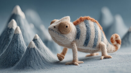 Scale Play A tiny Chameleon exploring a mountainous landscape formed by a giant Robot Vacuum