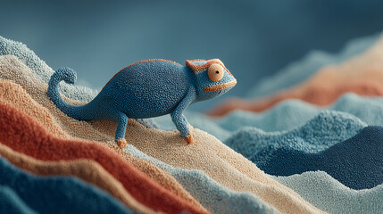Scale Play A tiny Chameleon exploring a mountainous landscape formed by a giant Robot Vacuum