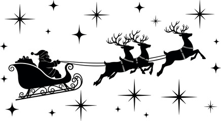 Santa Claus sleigh silhouette flying with reindeer across starry night sky festive Christmas holiday illustration vector isolated on white background © Yeasin
