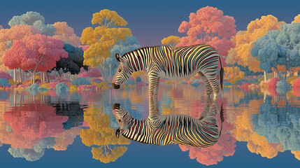 Surrealism Style Glitch in Nature A Zebra in a forest where trees are made of fiber optic cables