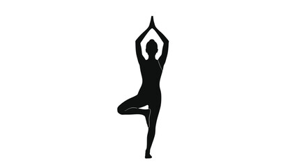 Fototapeta premium A black silhouette of a woman in a yoga pose with one leg bent and arms raised on white background