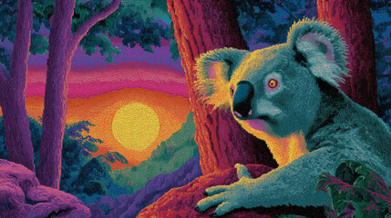 ASCII Art Style Glitch in Nature A Koala in a forest where trees are made of fiber optic cables