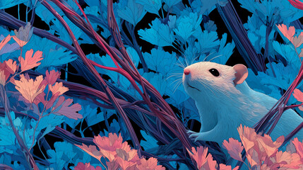 Sketch Style Glitch in Nature A Mouse in a forest where trees are made of fiber optic cables and