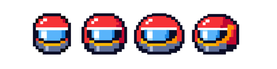 Pixel art racing helmets in red and blue with white visor stripe and yellow accents