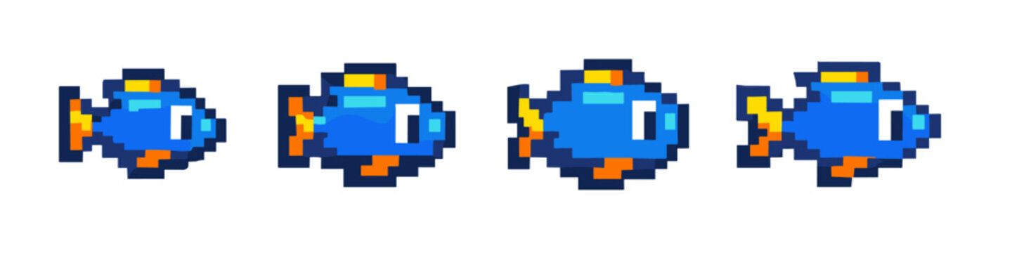 Retro pixel art blue fish character animation sequence for games