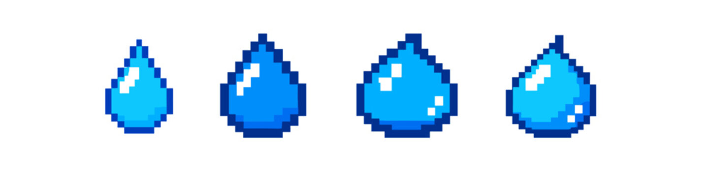 Collection of pixel art water drops in various sizes on a white background
