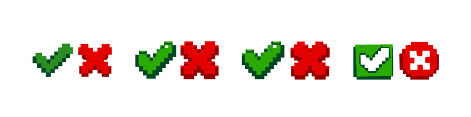 Obraz premium Pixelated checkmarks and crosses icons representing choices and decisions