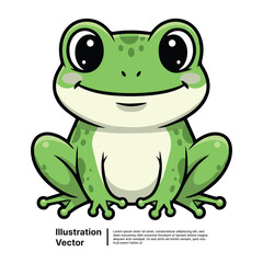 A cartoon frog with a cheerful expression sitting on a plain surface in a vector illustration from a front view