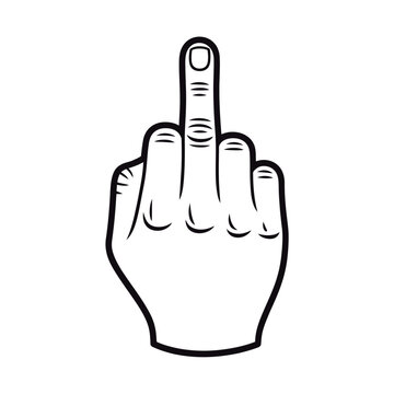 A black and white illustration of a hand displaying the middle finger