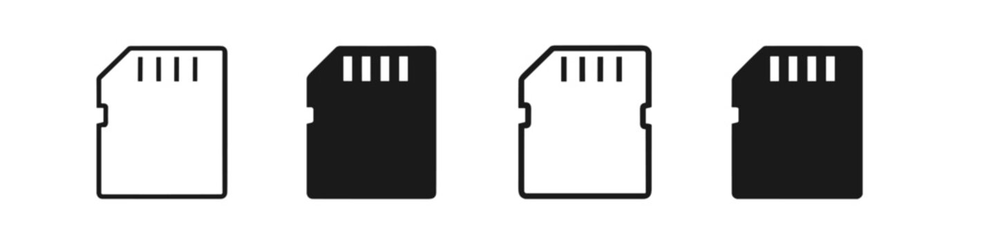 Set of four micro SD card icons, two in outline and two solid black