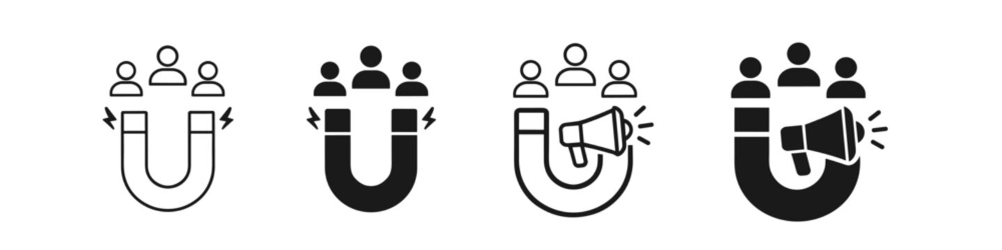 Customer acquisition icons: magnet attracting people and megaphone outreach