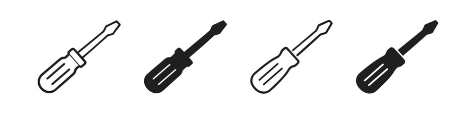 Set of four screwdriver icons in line art and silhouette styles for design