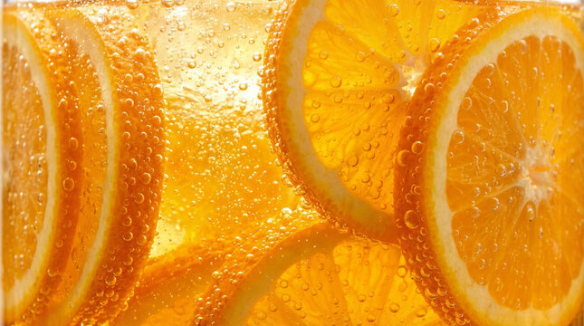 A vibrant, close-up shot of fresh orange slices submerged in sparkling carbonated water. The image is filled with bright golden-orange hues and numerous tiny air bubbles clinging to the fruit.