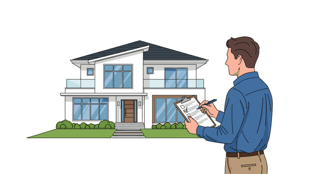 This illustration features a real estate agent or home inspector holding a clipboard with a checklist, standing confidently in front of a stylish modern house.