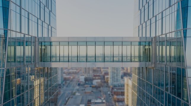 Modern urban skybridge connecting city skyscrapers