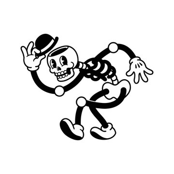 Funny retro 30s cartoon skeleton mascot character running and tipping hat with open empty skull. Black and white vintage rubber hose animation style illustration.