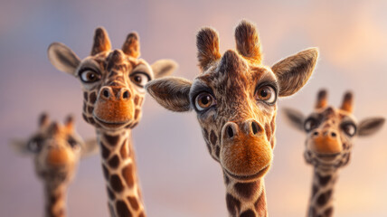 Naklejka premium Four curious giraffes peeks from above. Animal stares interestedly.