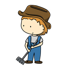 Cute farmer boy holding a rake cartoon illustration