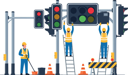 Traffic signal maintenance workers repairing street lights at urban intersection, road safety equipment, professional municipal service illustration on white background © Yeasin