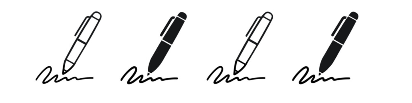 Set of four pen icons with signatures, two outlined and two solid black