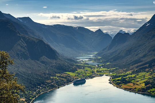 view of the Nordfjorden and the village of Olden as seen from the Mount Hoven hiking area