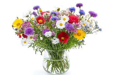 colorful Wild flowers bouquet in clear vase Cornflower, carnation, poppy isolated on white background