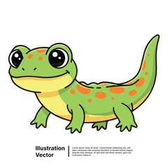 Fototapeta premium Cute cartoon green frog illustration with orange spots standing on white background from a front view