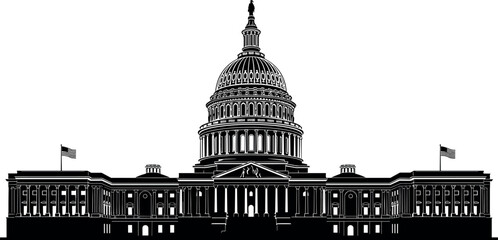 United States Capitol building silhouette illustration with iconic dome architecture, Washington DC landmark government structure in black vector style for political and historical design use © Yeasin