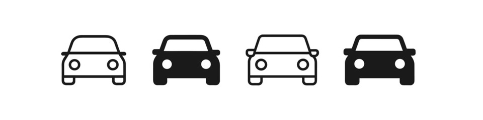 Set of four car icons, two outlined and two solid black, representing transportation options