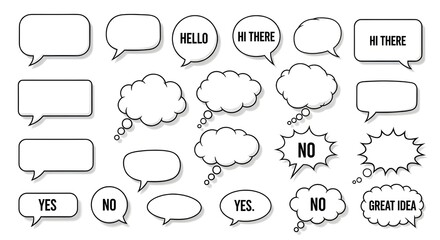 Fototapeta premium Set of Hand Drawn Comic Speech and Thought Bubbles Vector with Text and Drop Shadow isolated PNG with Transparent Background