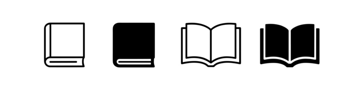 Collection of four book icons showing closed and open books in outline and solid styles