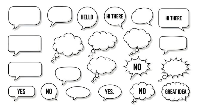 Set of Hand Drawn Comic Speech and Thought Bubbles Vector with Text and Drop Shadow isolated PNG with Transparent Background