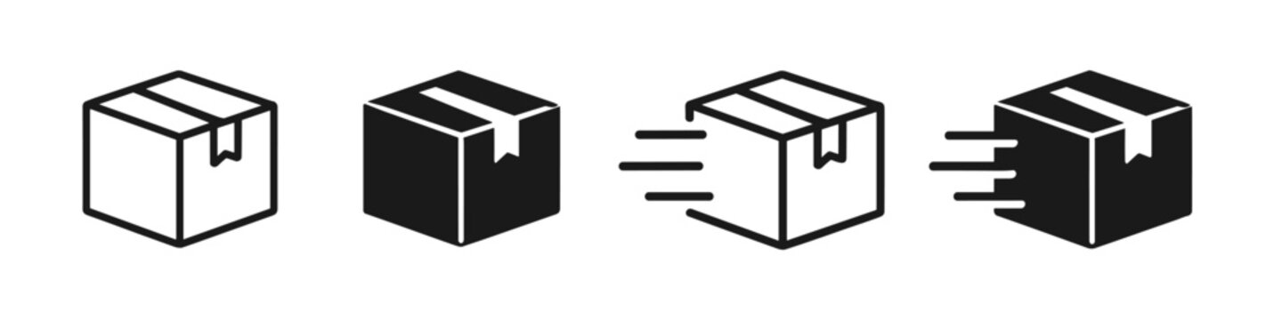 Set of four shipping box icons showing different stages of delivery and speed